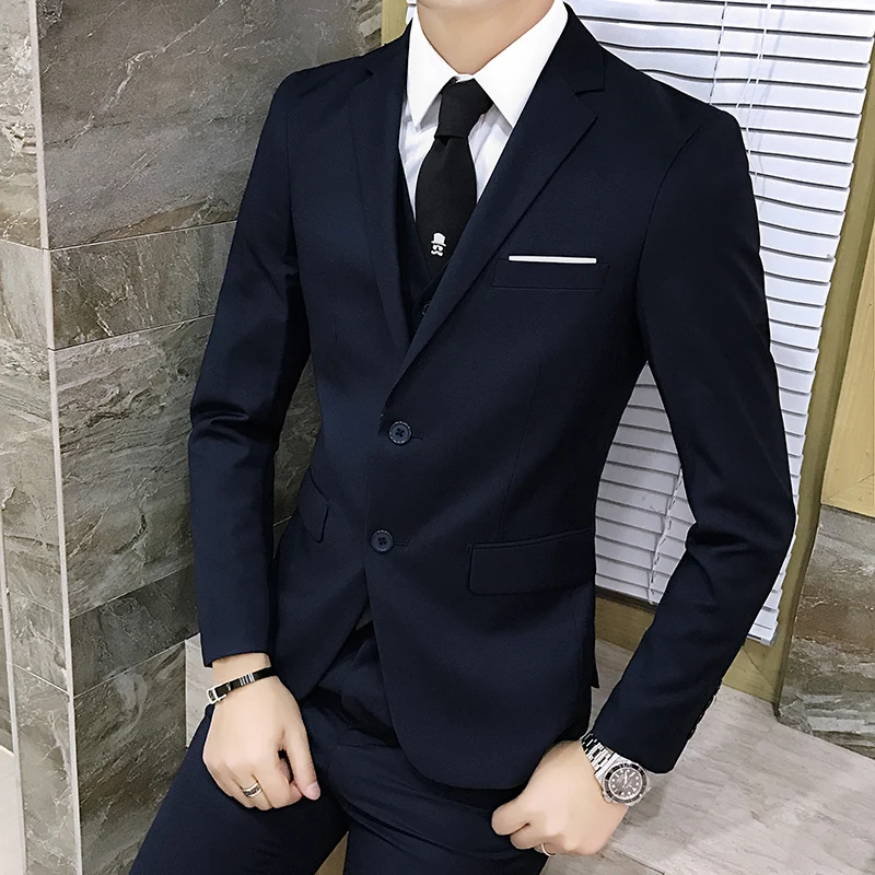 

Two-button men's fashionable and stylish suit set, solid color white striped suit three-piece set, solid color professional busi