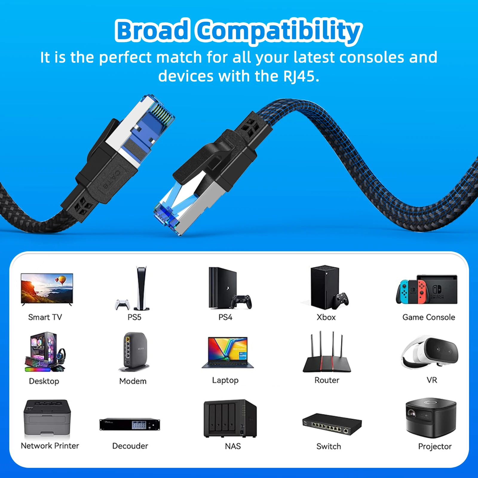 Nylon Braided Cable Ethernet Cat 8 High Speed RJ45 Internet 40Gbps2000MHz Patch Cord for Laptops PS5 Router Cat 8 Ethernet Cable