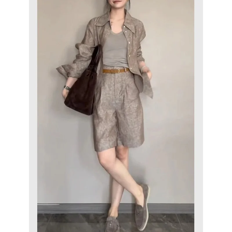 Elegant Cotton Linen Shirt Set Women Summer Casual Loose Style Fake Linen Shirt Loose Feel Complete Set High Waist Shorts