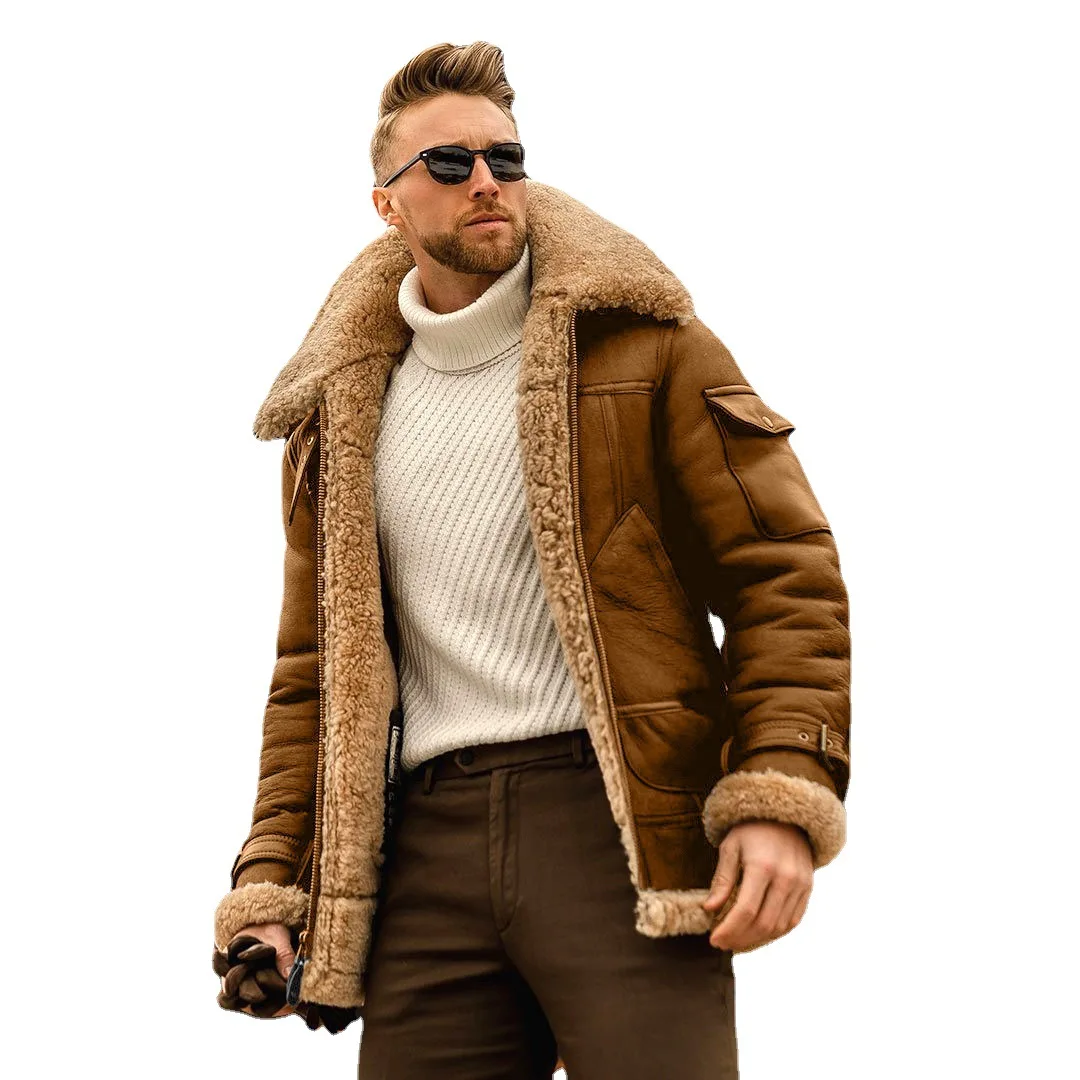 

Winter Men Plush Jacket Vintage Turn Down Collar Male Cargo Coat Thicken Fleece Long Sleeve Pocket Zipper Man Outerwear
