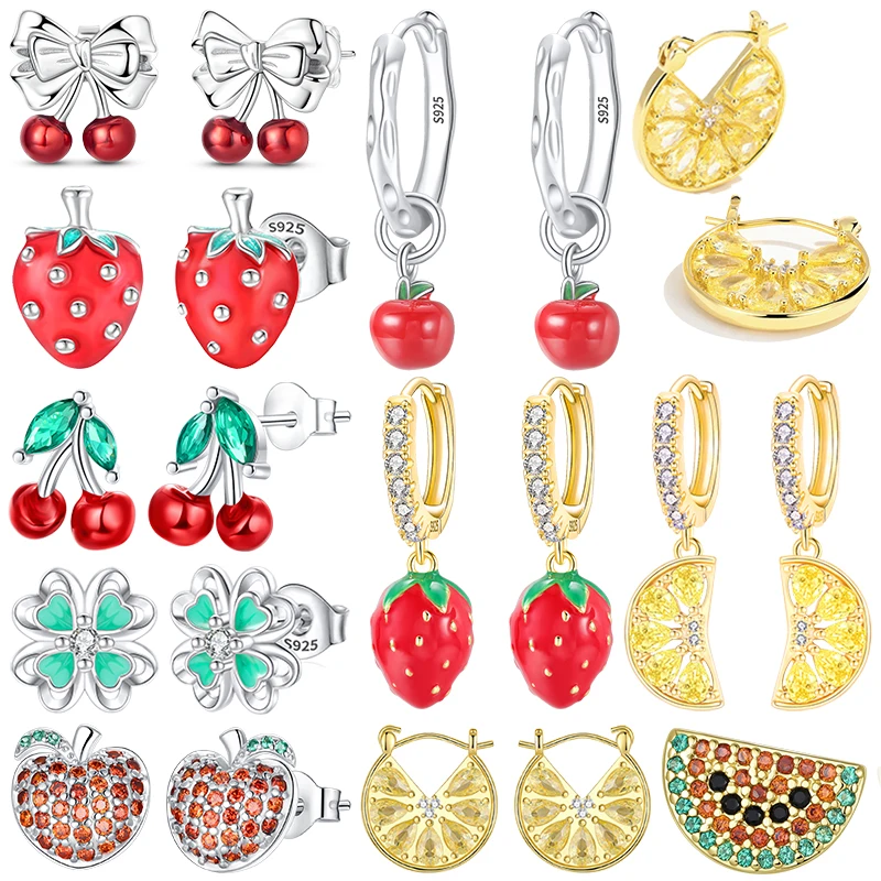 Pendientes de Plata de Ley 925 con Forma de Frutas: Fresa y Cereza Colgantes, Limón y Naranja en Rodajas y Sandía como Broches. Joyería de Regalo para Mujer.