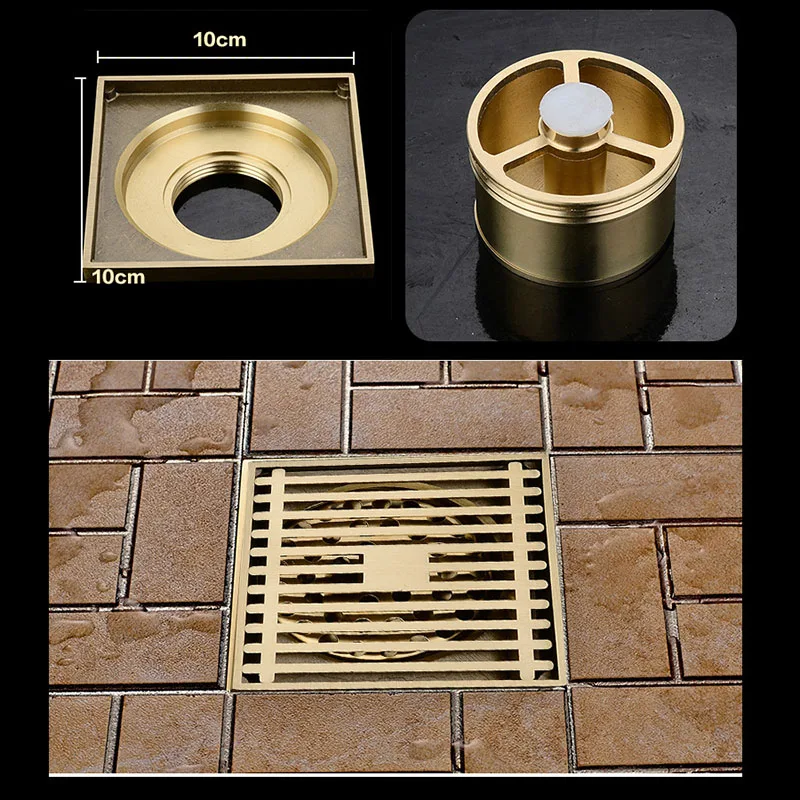 Brass Golden Floor Drain 10X10cm Shower Square Deodorization Type Bathroom/Kitchen Washing Machine Dual Use Floor Drain