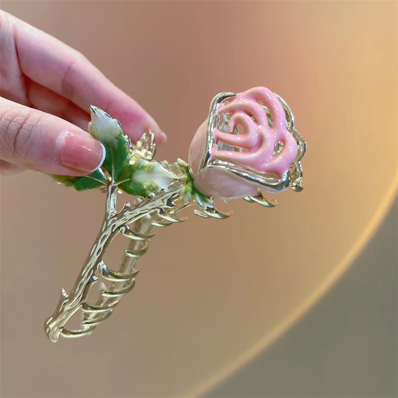 Elegant and Sweet Pink Roses Grab Clip Hairpin Large Metal Claw Crab Hairpin Shape Girl Fashion Hair Accessories Headwear