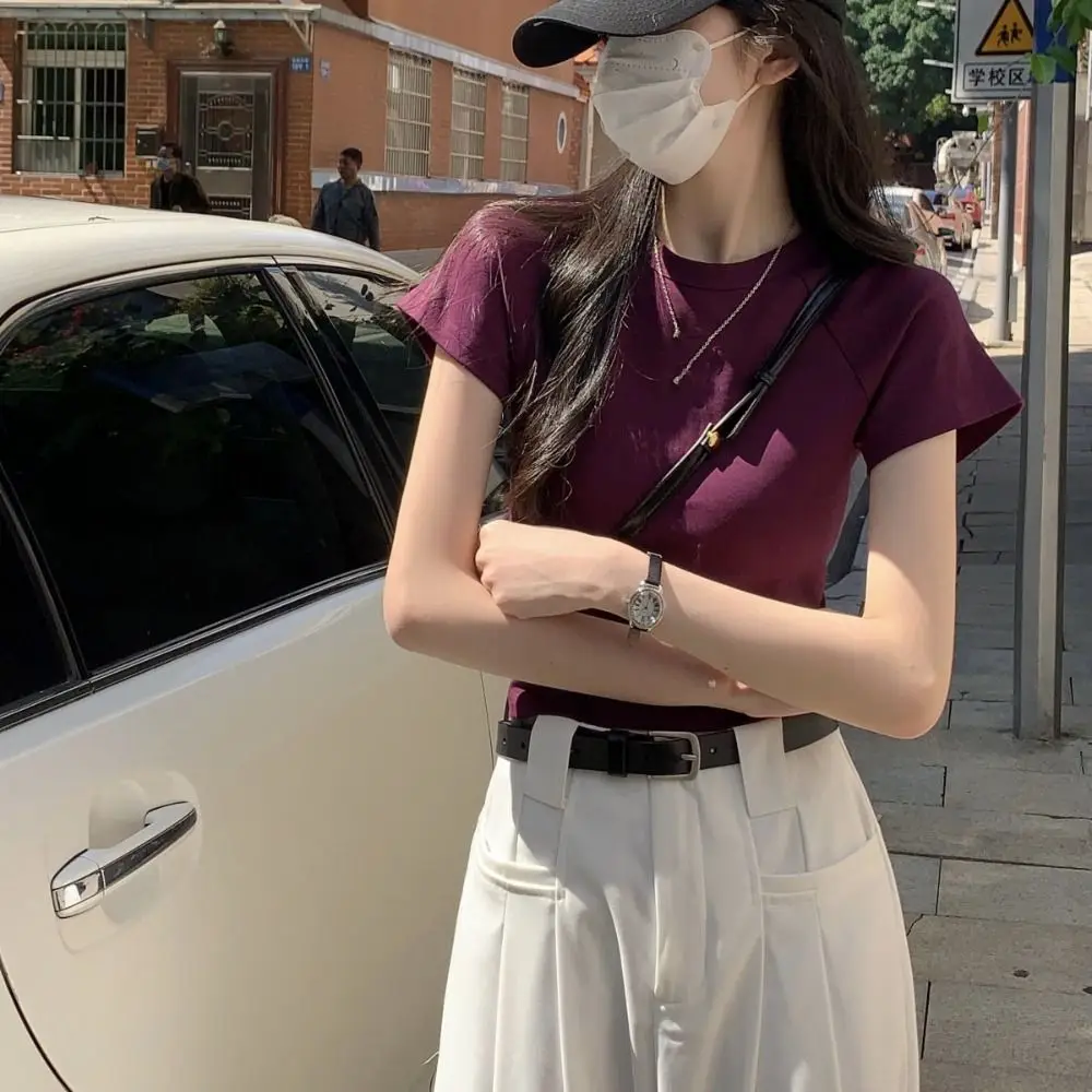 

Simple Solid Color Short Sleeve T-shirt Chic Slim Fit Y2K Crop Top Sweet Korean Style Tees Shirts Women Summer