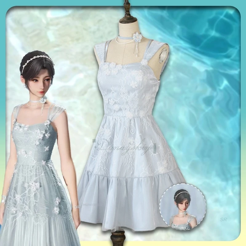 

Blue Dress Headwear Necklace Earrings Game Love and Deepspace Heroines Cosplay Costume Full Set For Hallowen Carnival Suit