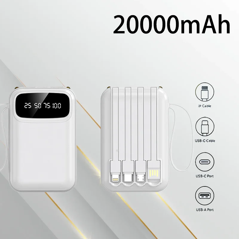 

Built in 4 Cables 20000mAh Power Bank Mini Compact Fast Charging Large Capacity Portable Charger For Mobile Phones Tablet Travel