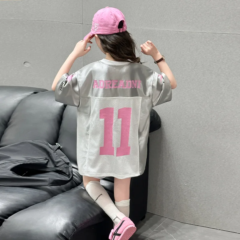 Girls Summer Set 2026 New Fashionable Girls American Thin Breathable Mesh T-shirt Shorts Two Piece Set Children Clothing
