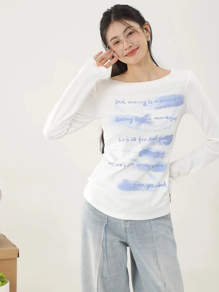 Women Letter Print Long Sleeve T-shirt 2024 Autumn New Slim Tees Female Fashion Vintage Streetwear T-shirt Y2k Tops