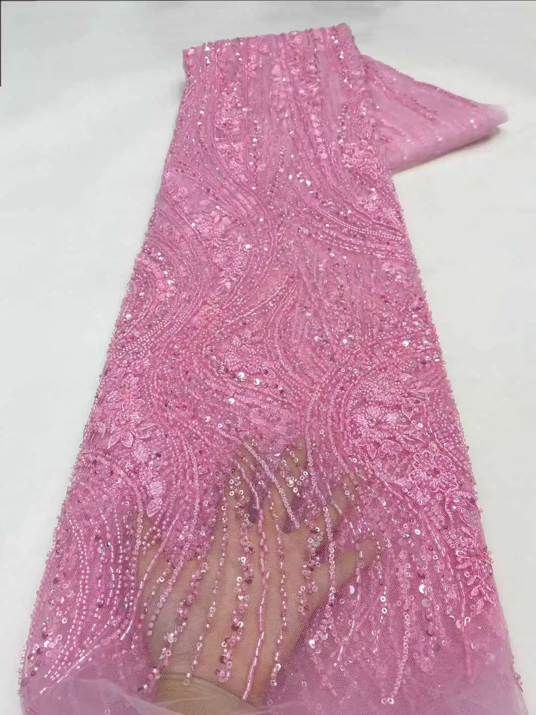 High End Tulle Lace Fabric With Beads Sequins Nigerian Latest African France 2025 Hot Sale for Bride Wedding Party Sew Dresses