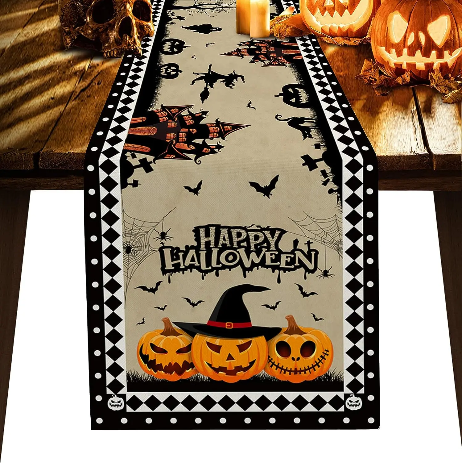 

Happy Halloween Table Runner Haunted House Pumpkin Kitchen Dining Dresser Checkered Decor for Coffee Table Holiday Party Banquet