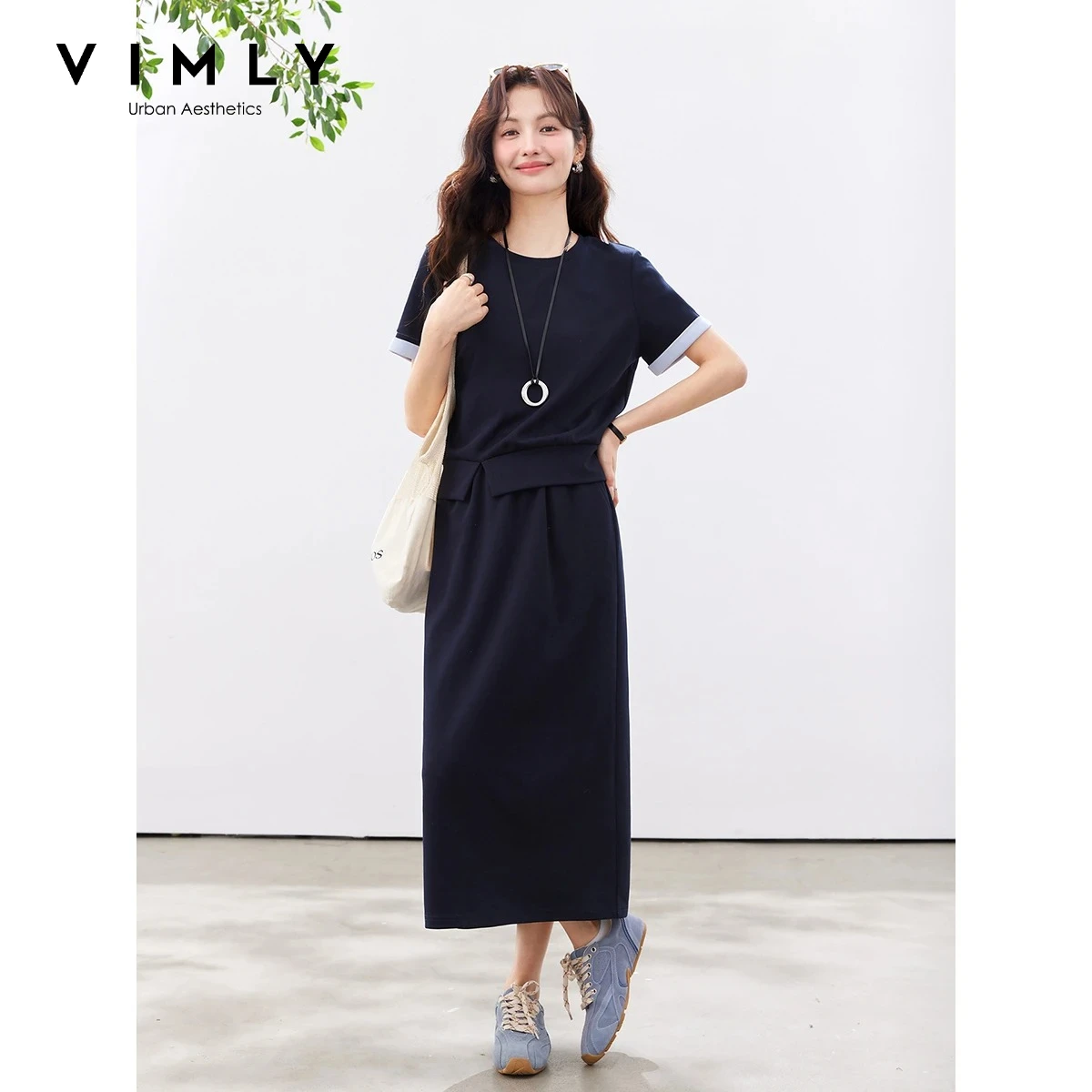 

VIMLY Navy Casual Office Women's Suit 2026 Summer Contrast Folded Cuff Short Sleeve Tee Elastic Waist Straight Skirt Sets A6390