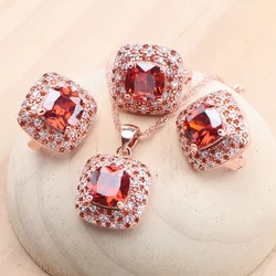 Bridal Jewelry Sets 925 Sterling Silver Rose Gold Color Red Zircon For Women Earrings Rings Pendant Wedding Necklace Set