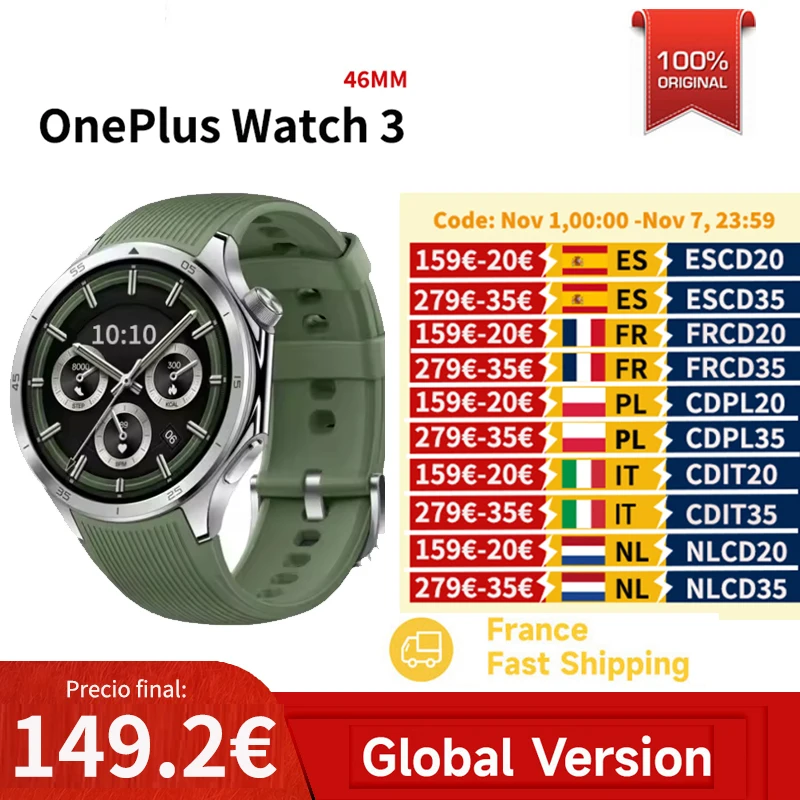 Versión global OnePlus Watch 3 Reloj inteligente Pantalla AMOLED de 1,5 pulgadas Memoria de 32 GB Snapdragon W5 Wear OS de Google IP68