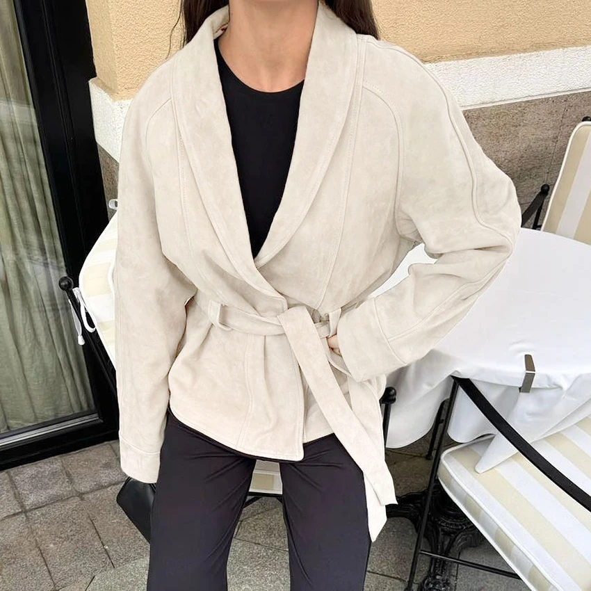

Linad Street Chic Бежевые пальто с v-образным вырезом для женщин 2025 Элегантные свободные куртки с длинными рукавами для женщин Повседневная верхняя одежда на шнуровке Осень