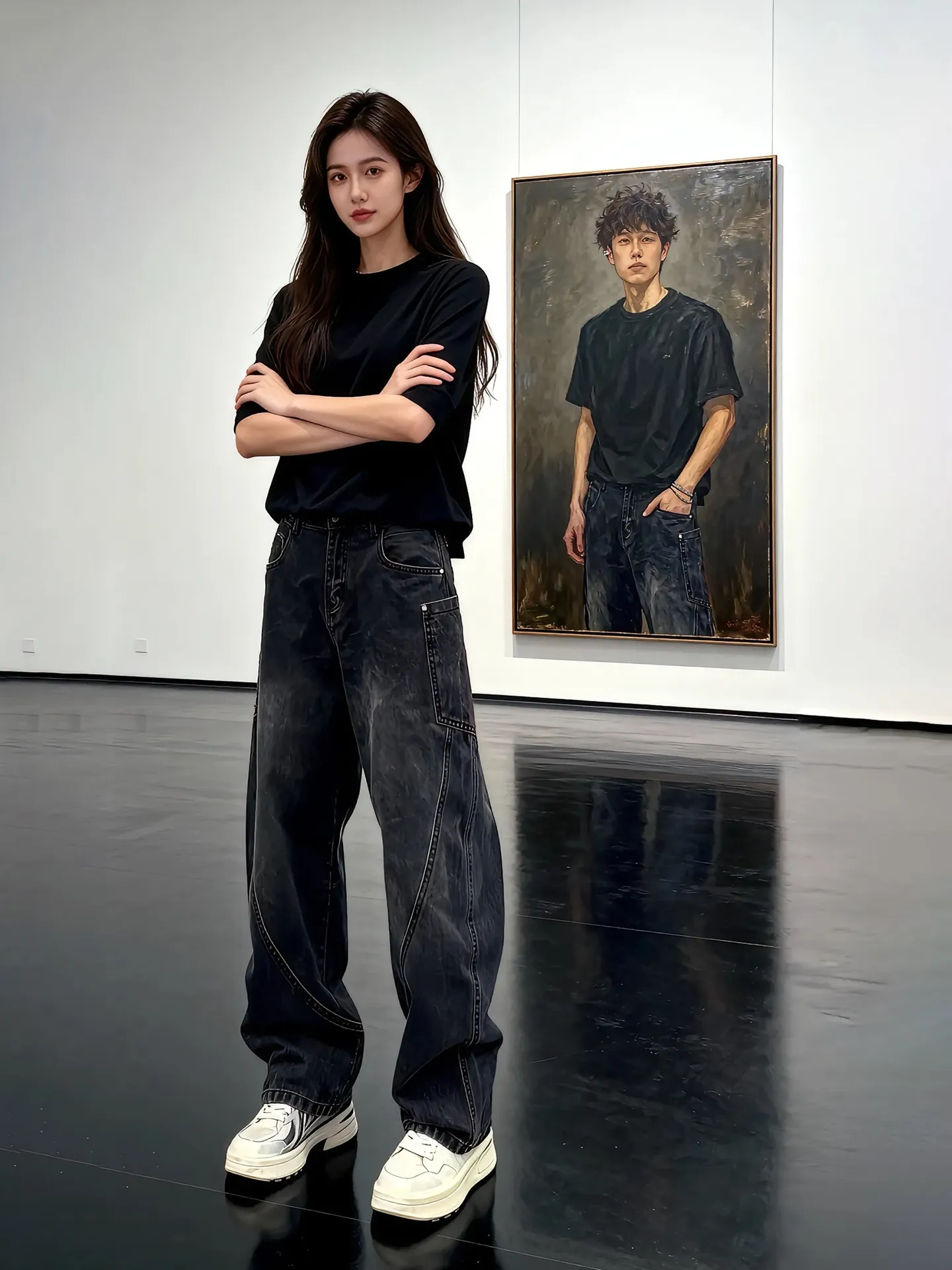 

Черные джинсы с косым кроем для мужчин, осенне-зимние, прямые, рабочие, с эффектом потертости, свободные, широкие брюки, повседневные, свободного кроя