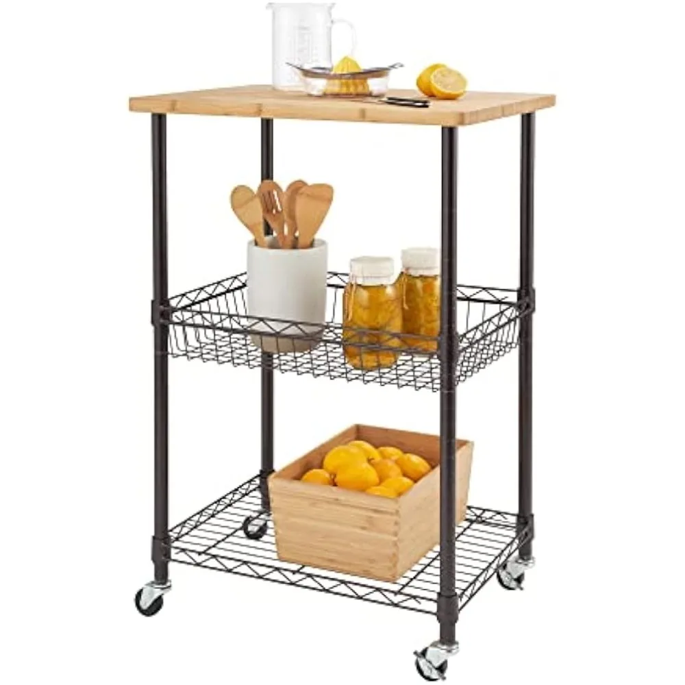 TRINITY BASICS TBFPBR-1411 3 Tier Rolling Cart Kitchen Organizer with Bamboo Top, Metal Wire Storage Basket and Shelf