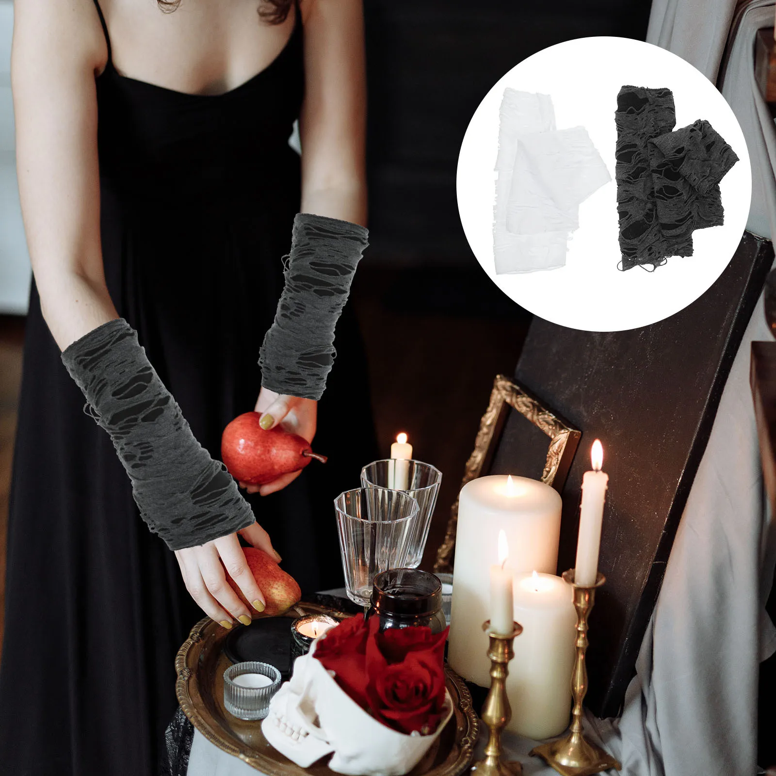 

2Pairs Halloween Fingerless Gloves Ripped Polyester Punk Gothic Cosplay Party Gloves for Women Unique Costume Accessory