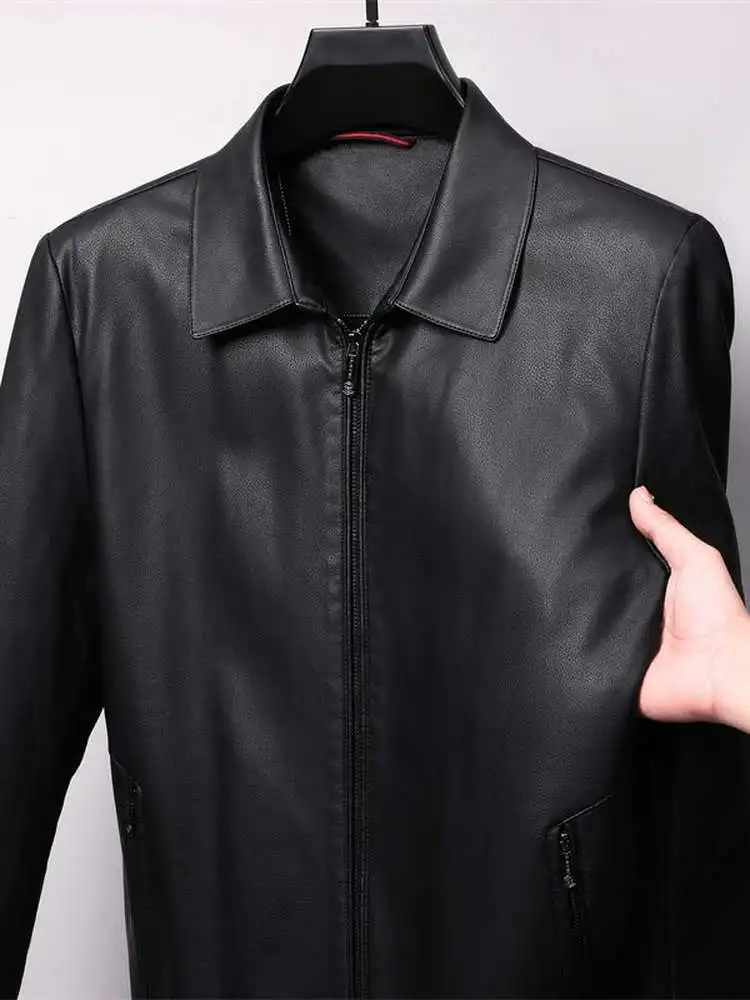 

Casual Sle eepskin Leather Jaet Men's Midlife Flip Collar Busin Leisure Biker Sle Coat Long Sve Zipper Closure