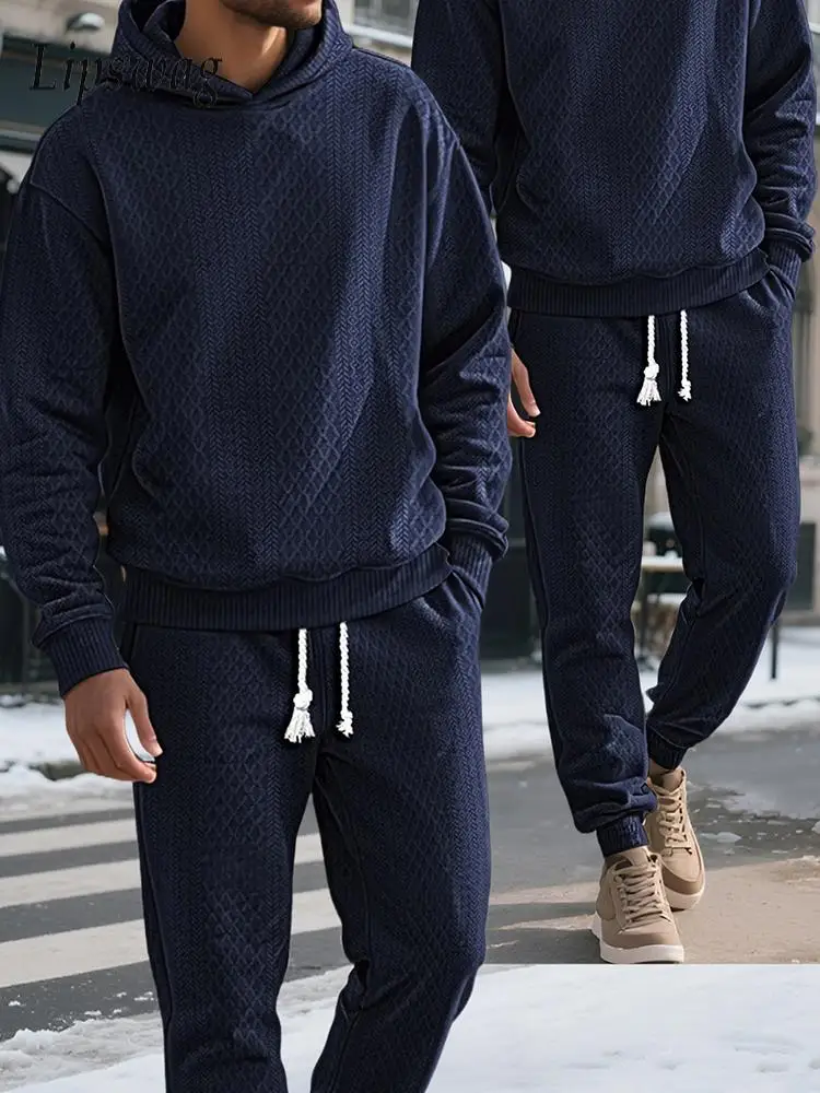 

Модная мужская текстурированная одежда, осень-зима, спорт на открытом воздухе, повседневная толстовка с капюшоном и брюки, спортивные костюмы, мужские винтажные однотонные комплекты из двух предметов