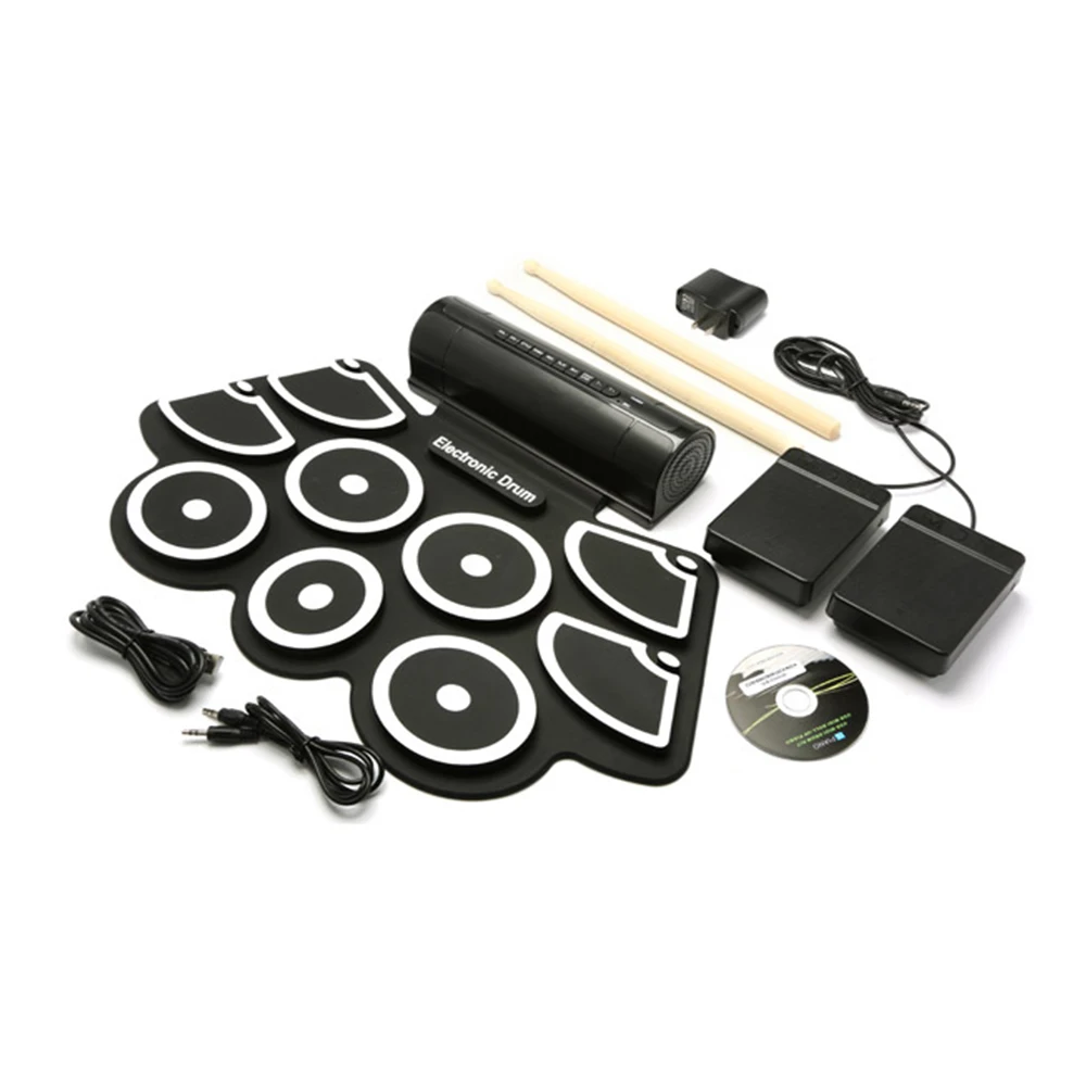 Portable 9 Pads Silicon Electronic Roll Up Drum Support MIDI Game With Sticks Pedals