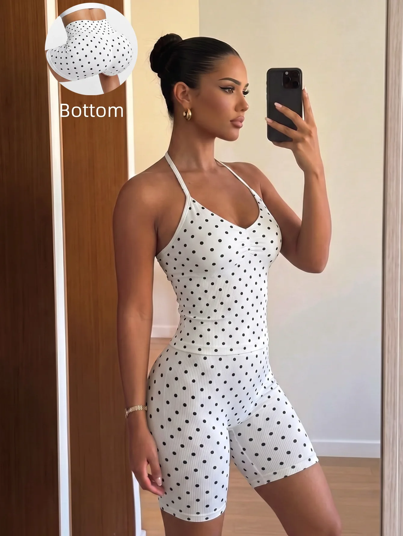 Women's Polka Dot Halter Neck Yoga 2 Piece Set High Waist Scrunch Butt Shorts Breathable Gym Wear Biker Shorts Yoga Set