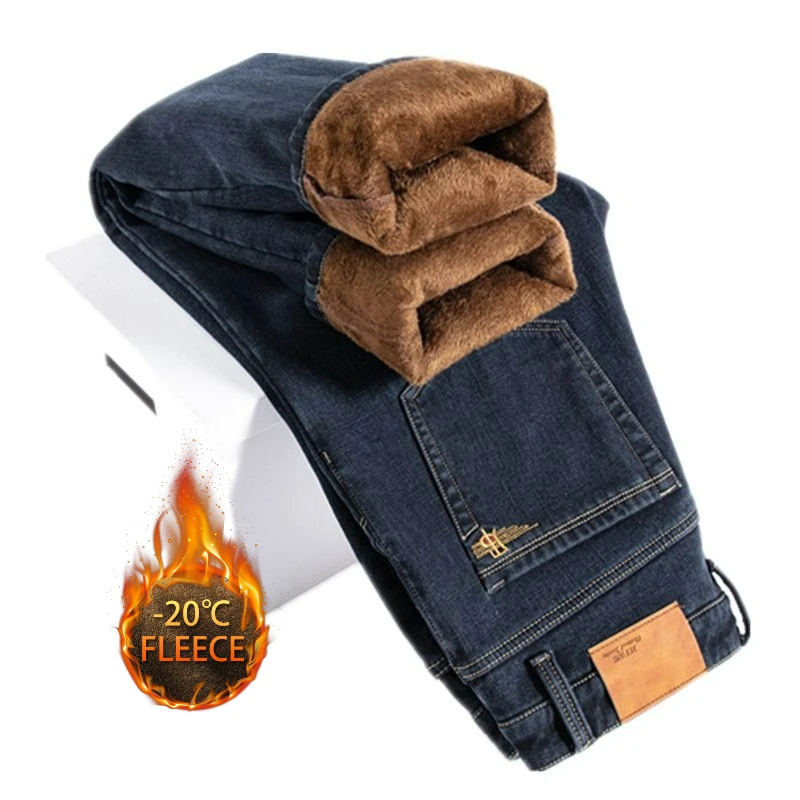 Осень-зима, теплые мужские джинсы, флисовые утолщенные эластичные черные, синие деловые прямые повседневные джинсовые брюки, брендовая мужская плюшевая одежда