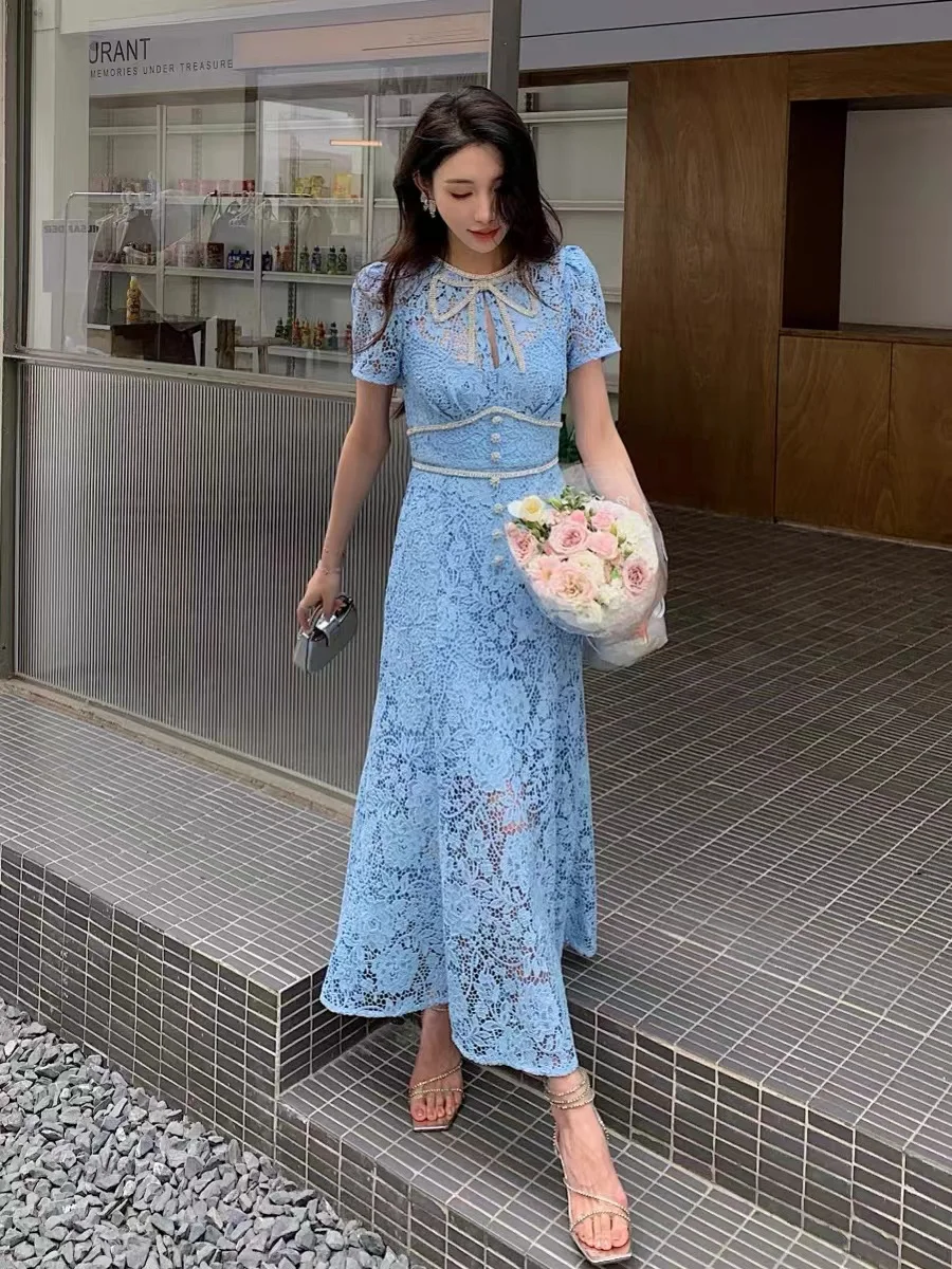 Quality Summer Holiday Sundress Long Blue Diamonds Bow Prom Bridesmaids Dress Women Short Sleeve Beaded Chain Wedding Vestidos