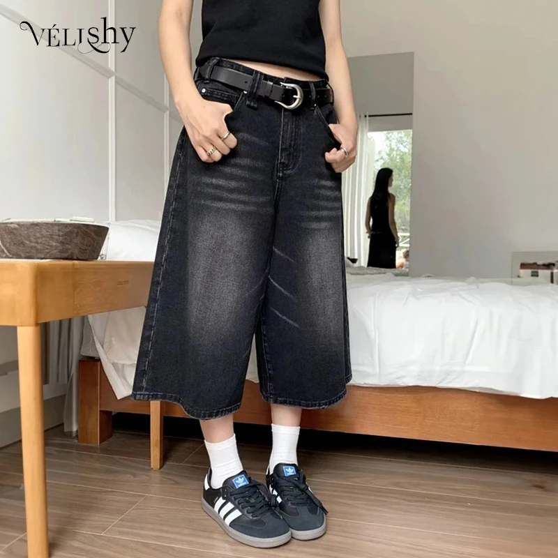 

Vintage Y2k Baggy Denim Shorts Wide Leg Pants For Women&Men Fashion High Waisted Wash Knee Length Jeans Shorts Oversize Pants