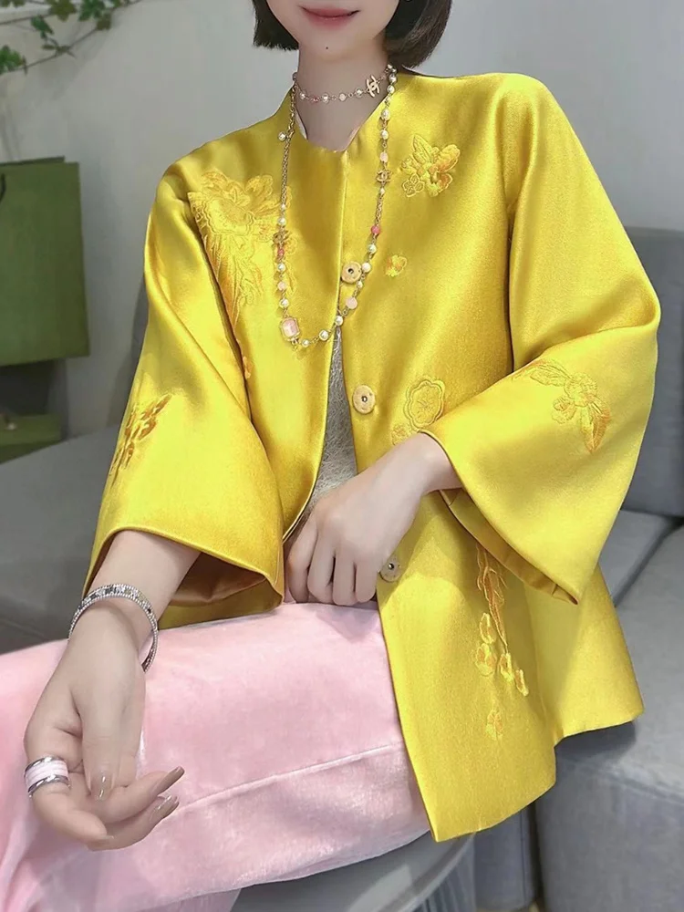 

Шелковое шерстяное пальто Ele с расклешенными рукавами, круглым вырезом, вышивкой, высококачественное, женское, модное, для повседневной носки, свободного кроя