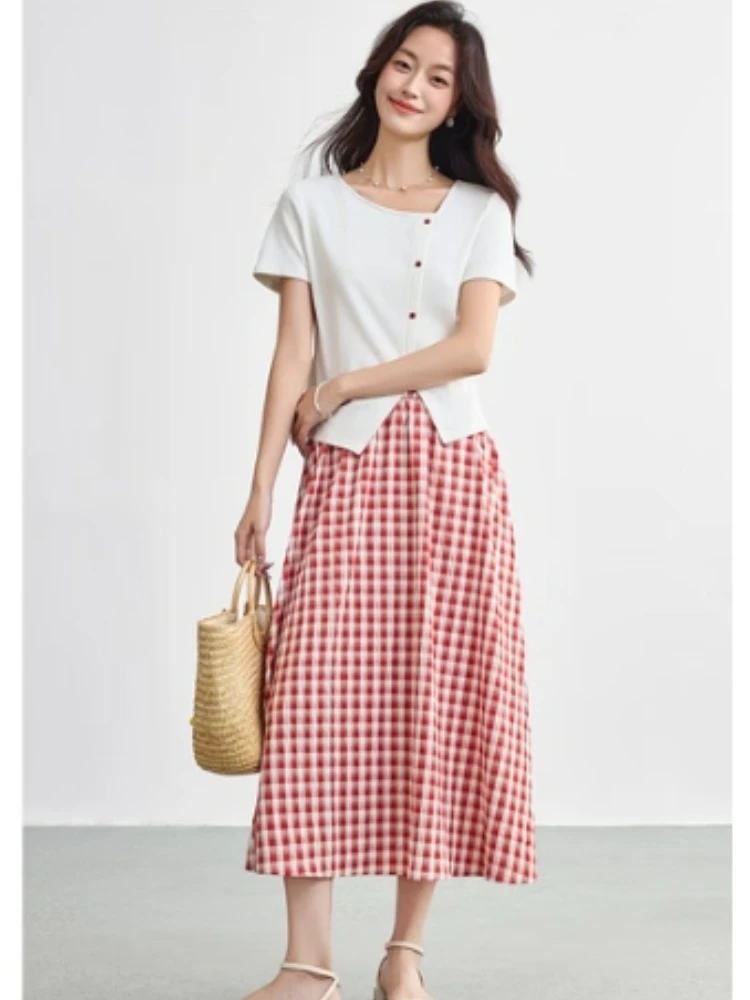 

SENTUBILA Woman Two Piece Sets Summer 2025 Elegant New Skew Collar Knitted Tops Striped Midi Skirts Female Clothing Q52ZA2766