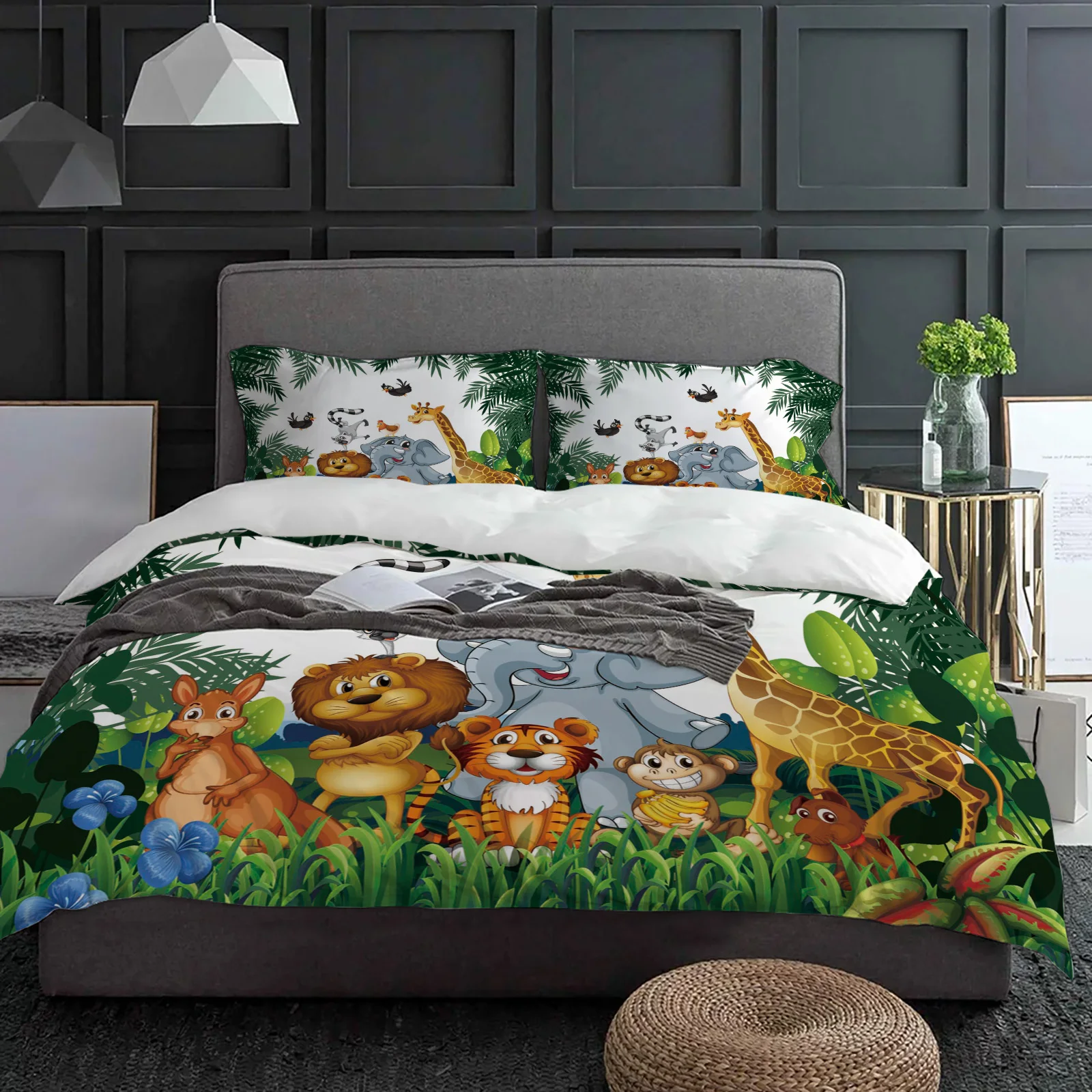 熱帯ジャングル漫画動物キリンライオン象布団カバー枕カバー寝具 - Home Textiles Bedding のレビューと価格