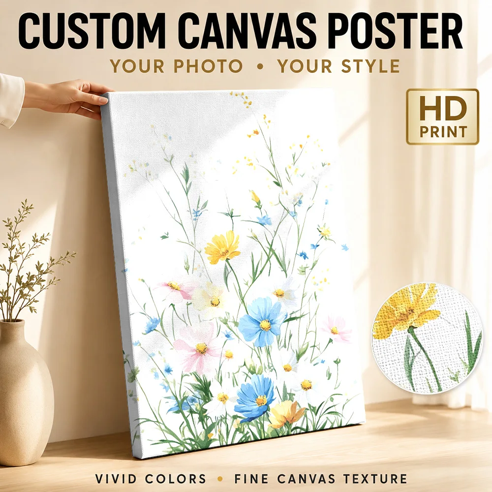 Delicate Meadow Flower Stems Canvas Print Customized Photo Watercolor Wall Art For Florist Studio, Botanical Enthusiast Gift