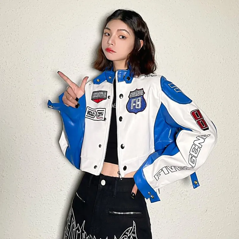 Motorcycle PU Leather Stand Collar Short Jacket Women\'s Autumn Loose Tide Vintage American Streetwear Outwear s467