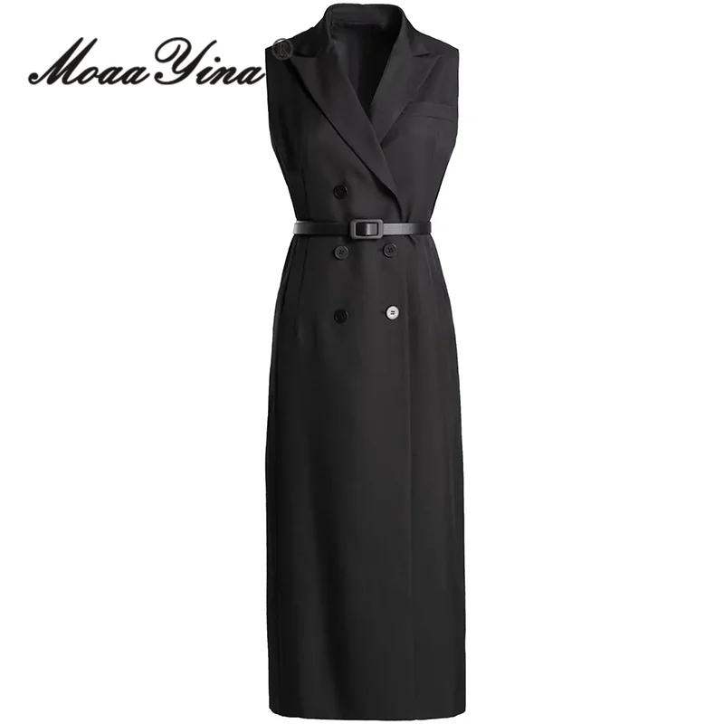 

MoaaYina Summer High Quality New Arrivals Women Dress Vintage Solid Color Sleeveless Sashes Double Breasted Overcoat