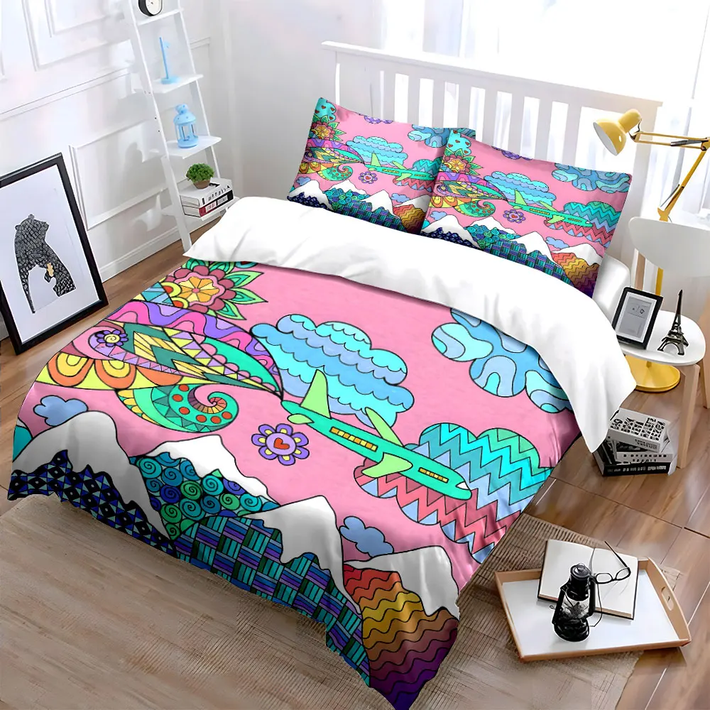 Colorful doodle airplane over mountains Bedding Set for Kids Luxury Gift 3pcs Digital Print Comforter Set Soft Comfortable