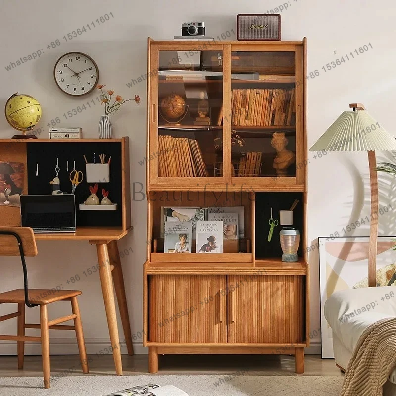 Solid wood bookcase Floor-to-ceiling bookcase Glass bookcase with door Dust-proof storage File cabinet