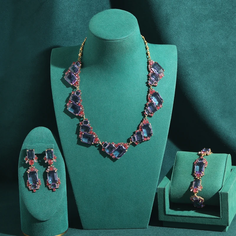 

Charm Crystal Vintage Transparent Purple Jewelry Sets Choker Necklace Drop Earrings Bracelet Woman Anniversary Gifts New Quality