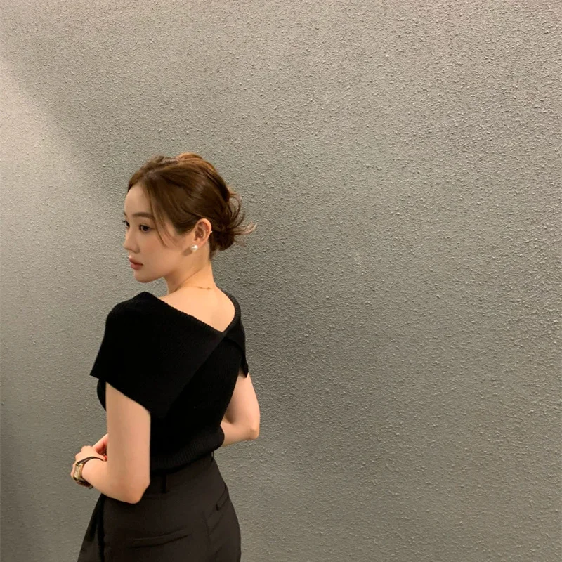 Summer Korean Style Women Solid Color Off Shoulder Lapel Elegant Versatile Slim Knitted T-shirt Office Lady Casual Tops