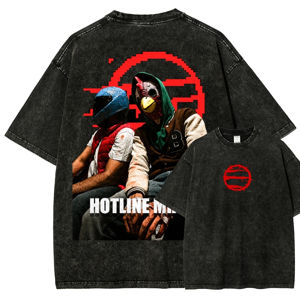 HOTLINE MIAMI Washed New Model T-shirt Oversized Unisex Couples Streetwear Trendy personality Clothes Y2k Short Sleeves soft tee