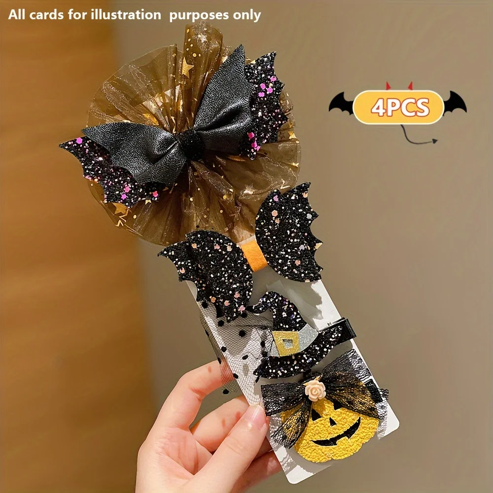 4 pieces of Halloween hair accessories black mesh bow hairpins cos dress up funny creative pumpkin devil hairpins