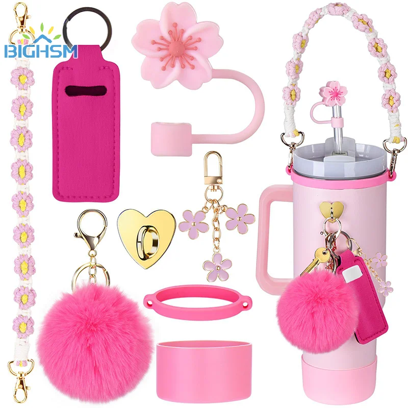 Accesorios para tazas, juego incluye correa para asa de botella de agua, botas de siliocne, funda para lápiz labial, funda con tapa de paja para Stanley, 8 Uds.