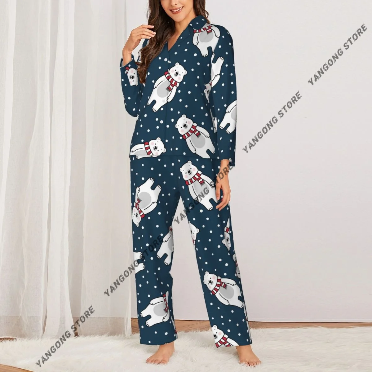 Women's Pajamas Long-sleeved Girl Loungewear Two-piece Set Cute Polar Bear Pajamas for Autumn Spring