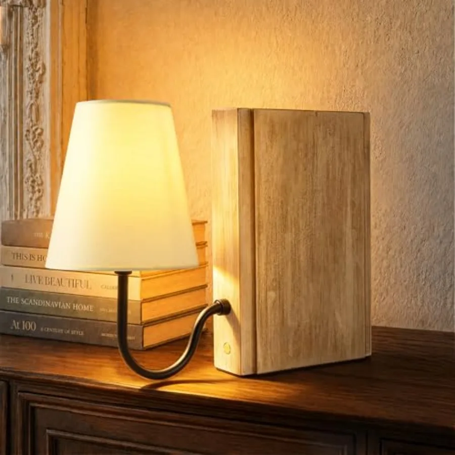 

Wooden Bookshelf Lamp with Bulb, Cordless Rechargeable Touch Dimmable Table Lamp with Linen Fabric Shade, Modern Decorative Boo