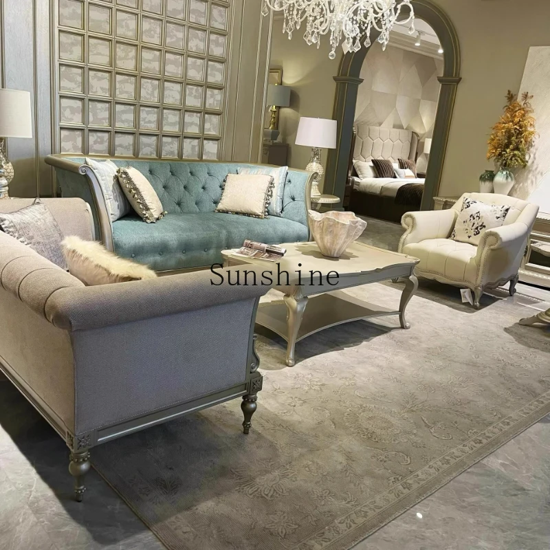 

New solid wood sofa French light luxury carved buckle fabric sofa