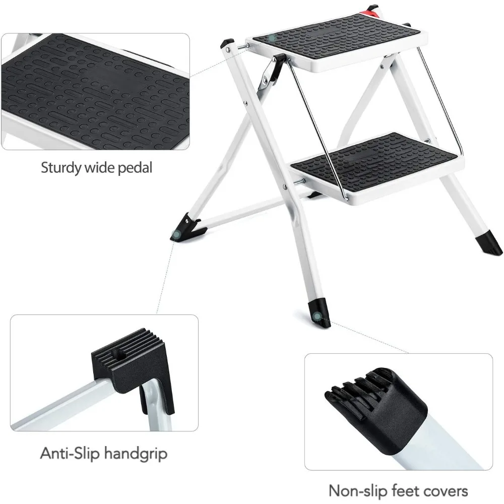 大人用の滑り止め付き幅広踏み板を備えた2段式の頑丈な金属製折りたたみスツール、軽量で持ち運び可能