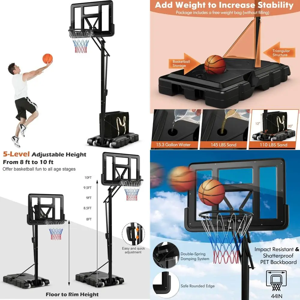 

Adjustable Outdoor Basketball Hoop System for Adults with 44" Backboard, Height Range 8-10 Ft, Wheeled for Easy Movement, Durabl