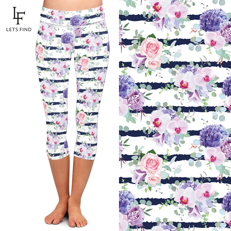 Leggings Capri taille haute pour femmes, élastique, imprimé floral, mi-mollet, extensible, nouvelle collection été 3/4