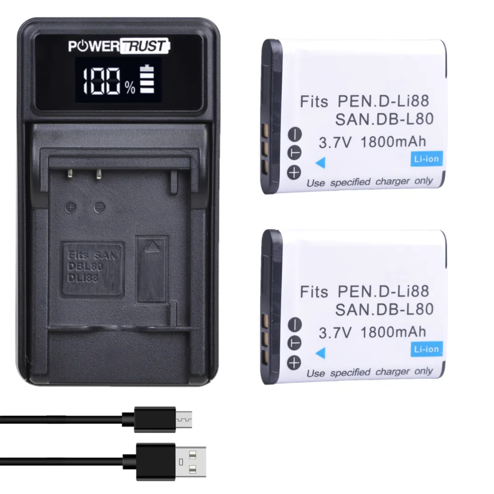 1800mAh DB-L80 D-Li88 Battery and Charger for Pentax Optio H90 P70 P80 W90 WS80 for SANYO Xacti DMX-CG10 DMX-CG100 DMX-CG11G 