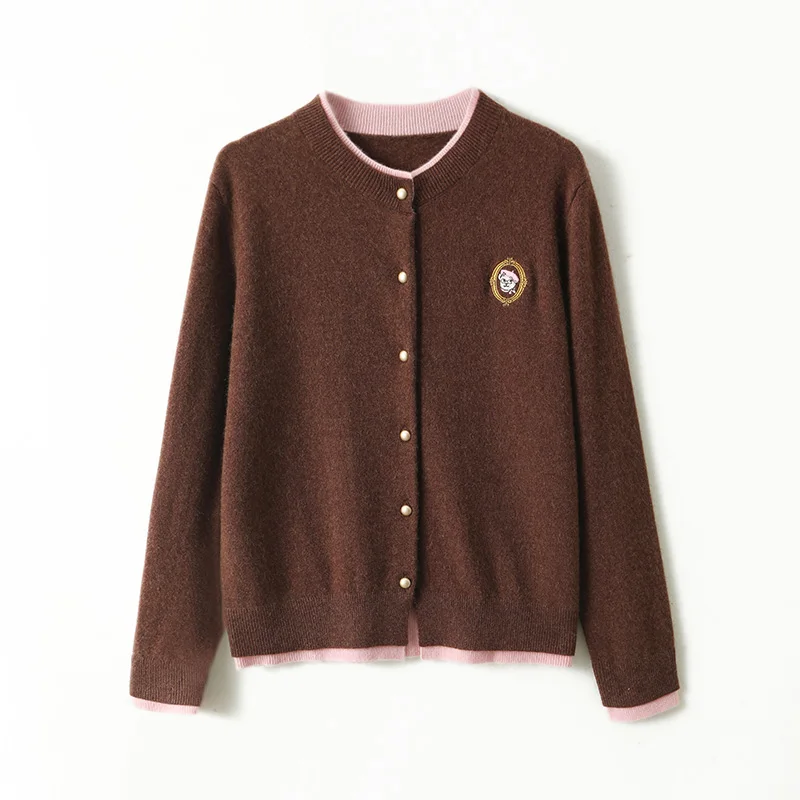 Fake Two-Piece Round-Neck Knit Sweater New Autumn And Winter 100% Cashmere Cardigan For Women Color-Blocking Embroidered Sweater