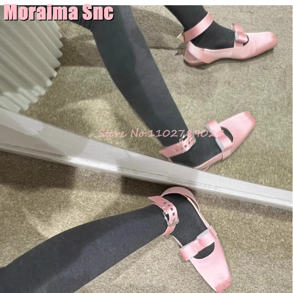 Satin Square Toe Butterfly Knot Ballet Shoes Flat with Ankle Buckle Strap Shallow Pink Solid Fashion Women Shoes Spring Autumn